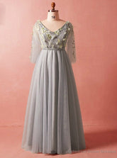 Plus Size Gray V-neck Long Sleeve Tulle Floor Length Prom Dress